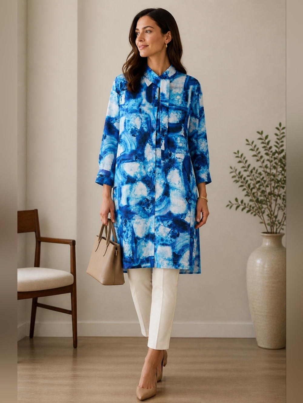Partow Tunic Shirt Dress Blouse Collar Buttons Laguna Blue W/ Scarf Cotton Silk
